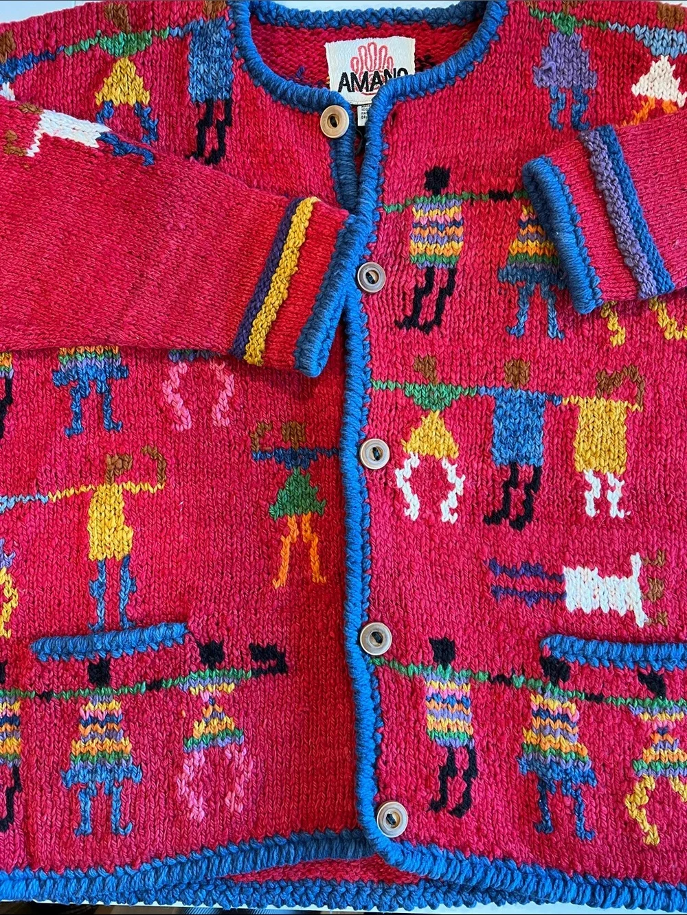 Amano - Vintage, Red Knit Folk Art Cardigan with Multicolor Figures
